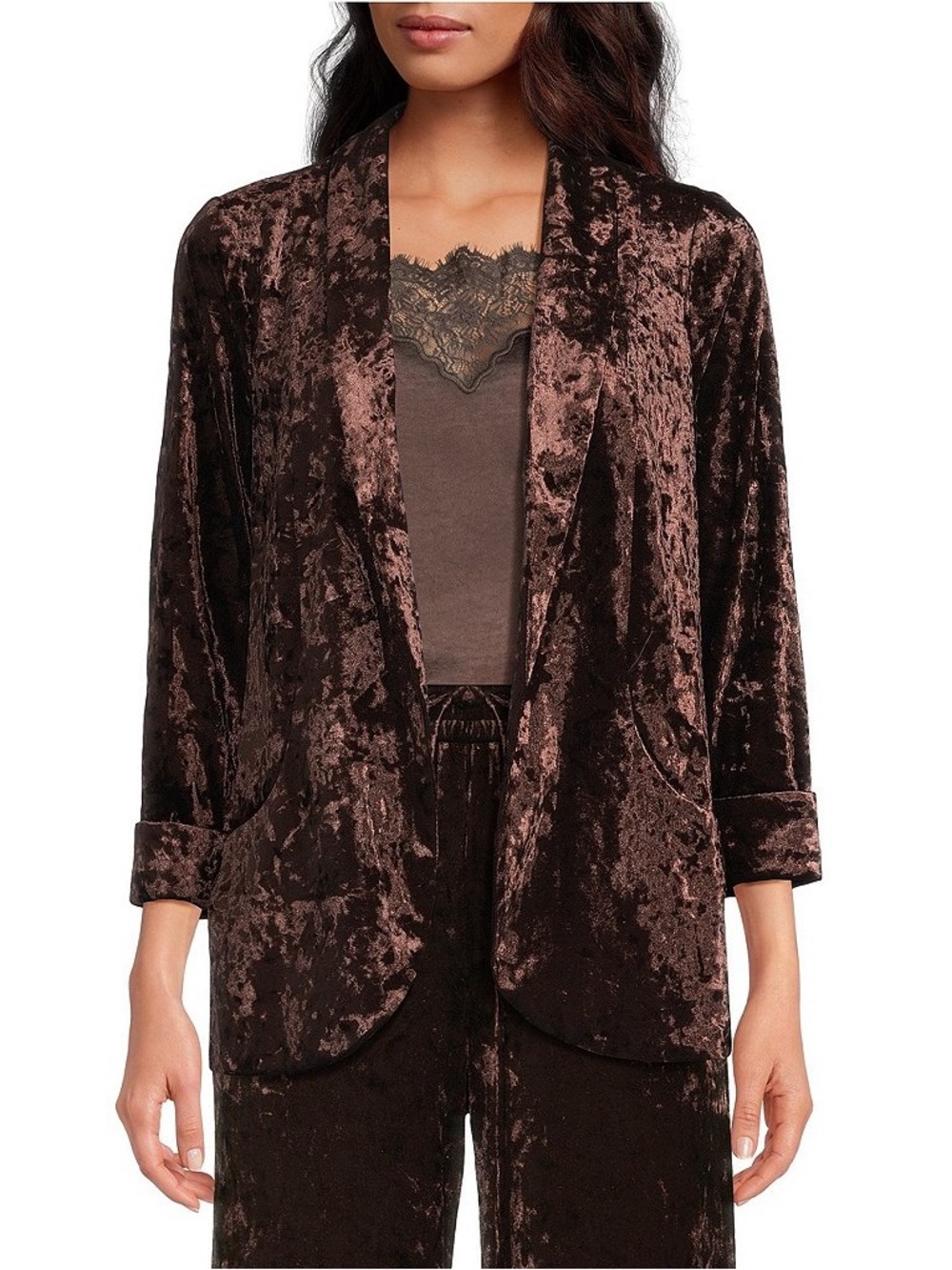 Coordinating Crushed Velvet Open Front Long Sleeve Blazer
